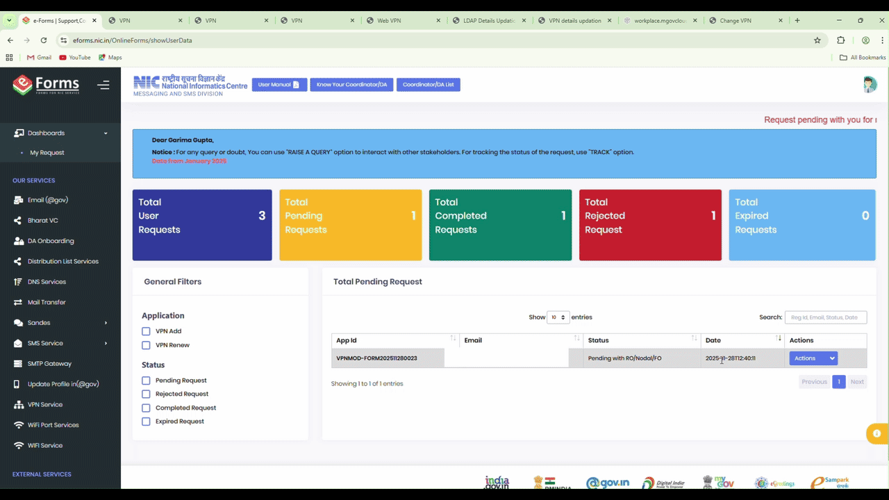 Screenshot of My Request dashboard with request listing